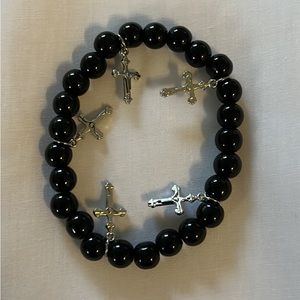 black beaded bracket with cross charms Jesus Christ loves you christians sliver